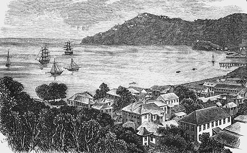An engraved view of Kingstown Bay and Fort Charlotte, St. Vincent, West Indies.