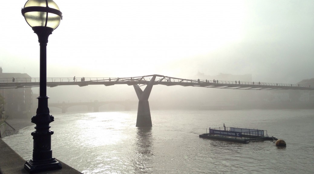 A photograph of Millennium Bridge, London, in the Fog.