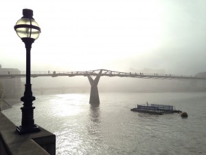 A photograph of Millennium Bridge, London, in the Fog.