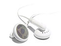 A pair of white ear speakers for a personal music player