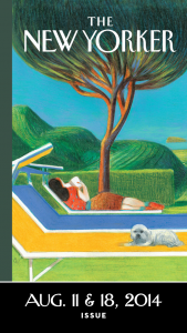 Cover of The New Yorker magazine for August 11 and 18, 2014 showing a woman lying on a pool lounge chair next to a small white lap dog.